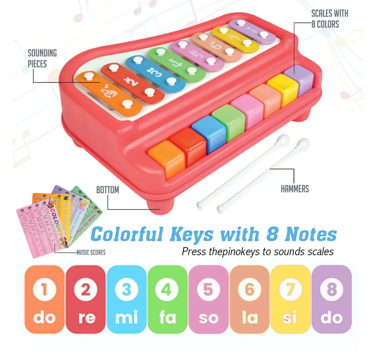 ITOYS Xylophone 8 Keys Musical Toy, Multicolour, 12M+