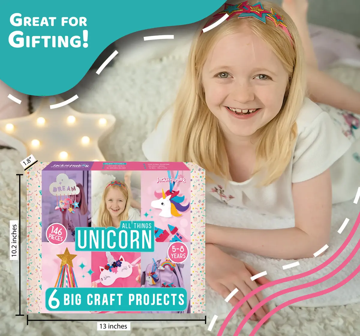 Jack In The Box Unicorn Crafts 8-in-1 Craft Kit For Girls Ages 5Y+, Multicolour