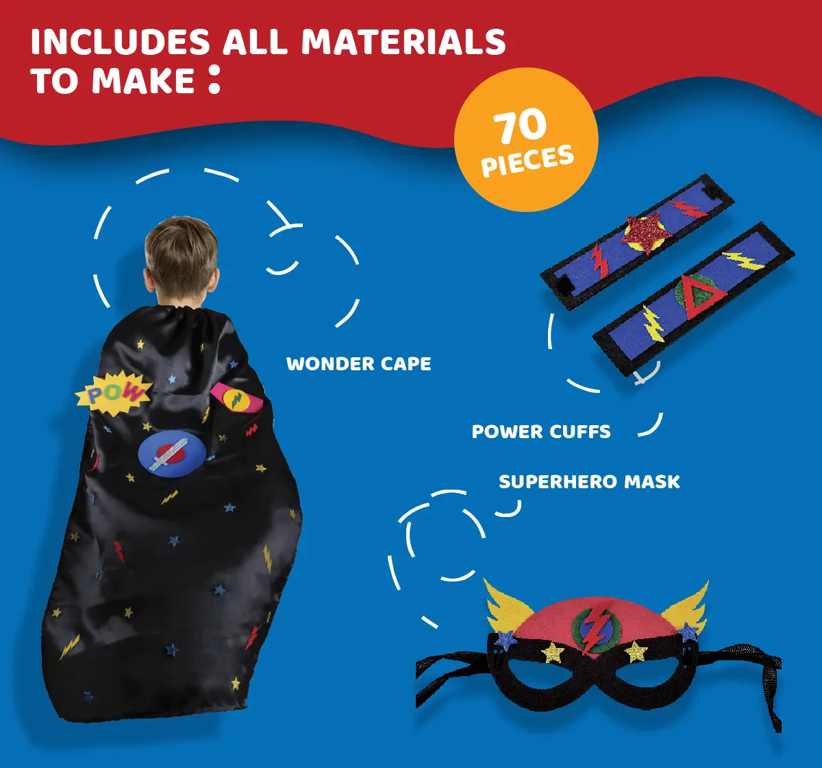 Jack In The Box Superhero DIY Costume Art and Craft 3 Craft Projects in 1 Box Kit Make a Cape, Mask and Cuffs For Boys Ages 3Y+, Multicolour