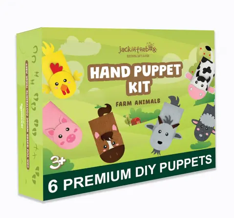 Jack In The Box Hand Puppet Farm Animal DIY Arts and Craft Kit for Kids 6-in-1 For Kids of Age 3Y+, Multicolour