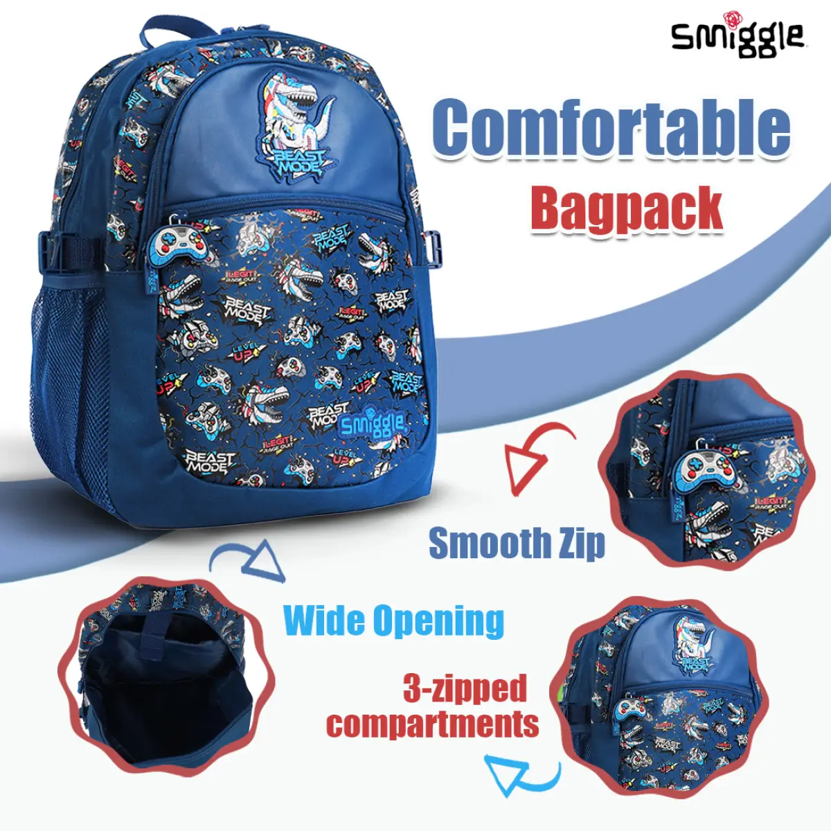 Smiggle Fly High Kid’s Backpack Stylish Trendy Waterproof School Bag with Multi Compartment – Navy, 3Y+