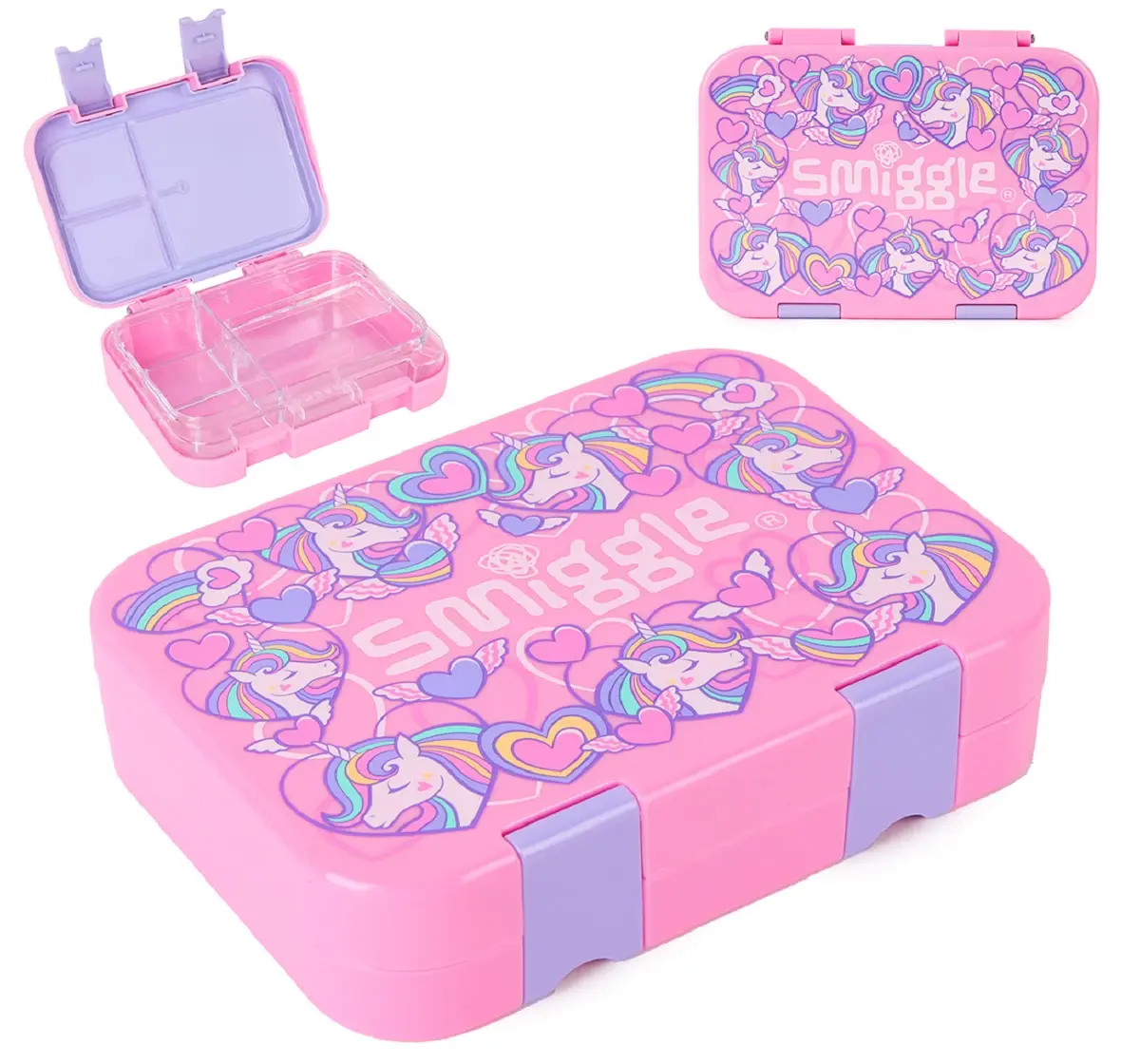 Smiggle Fly Hi Bento Lunch Box for Kids with Removable Inner Tray Compartment Microwave Safe Tiffin Box BPA Free Leak Proof - Pink, 3Y+