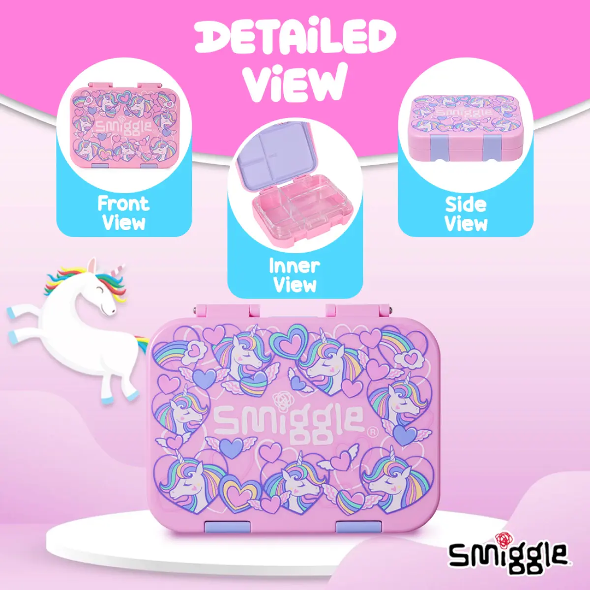 Smiggle Fly Hi Bento Lunch Box for Kids with Removable Inner Tray Compartment Microwave Safe Tiffin Box BPA Free Leak Proof - Pink, 3Y+