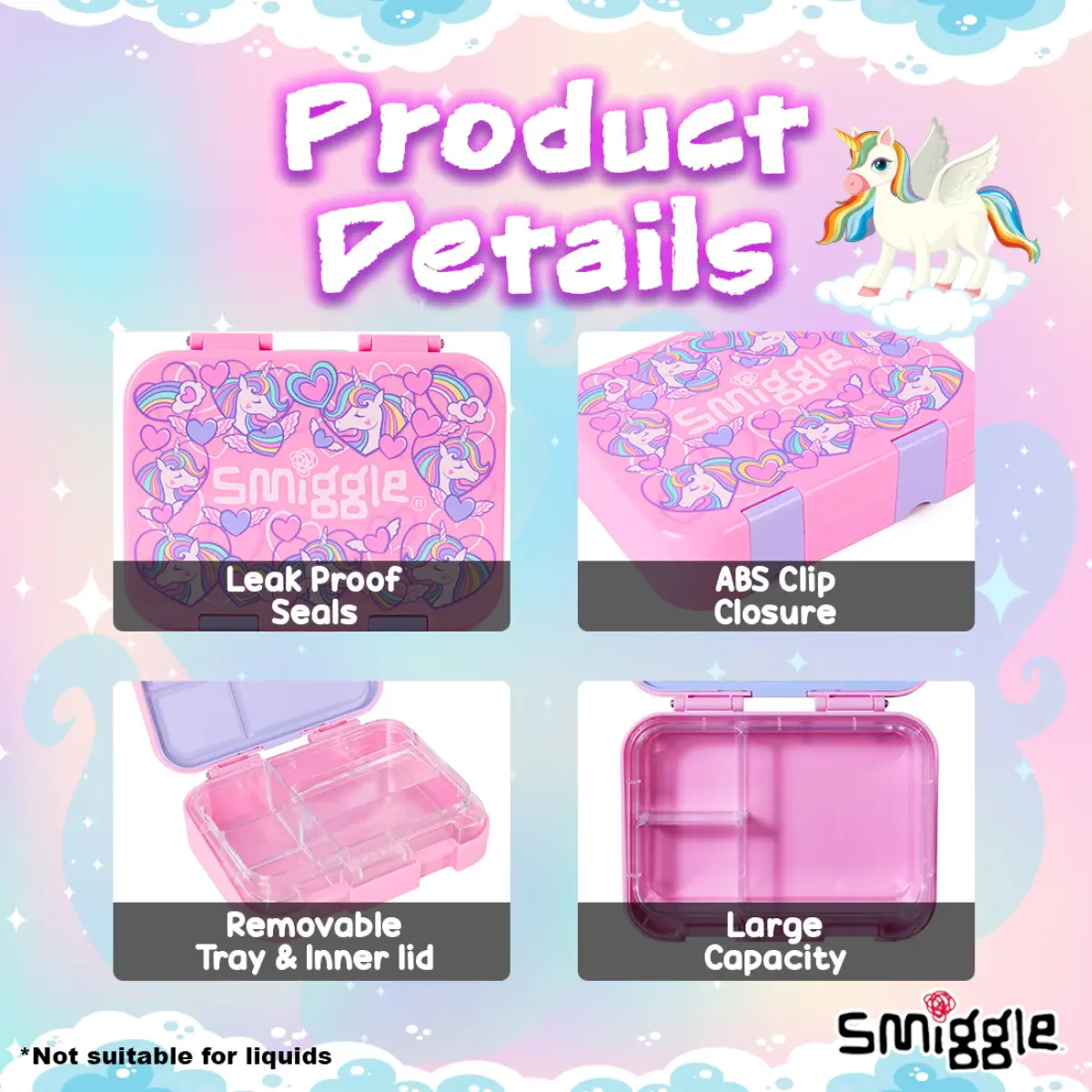 Smiggle Fly Hi Bento Lunch Box for Kids with Removable Inner Tray Compartment Microwave Safe Tiffin Box BPA Free Leak Proof - Pink, 3Y+