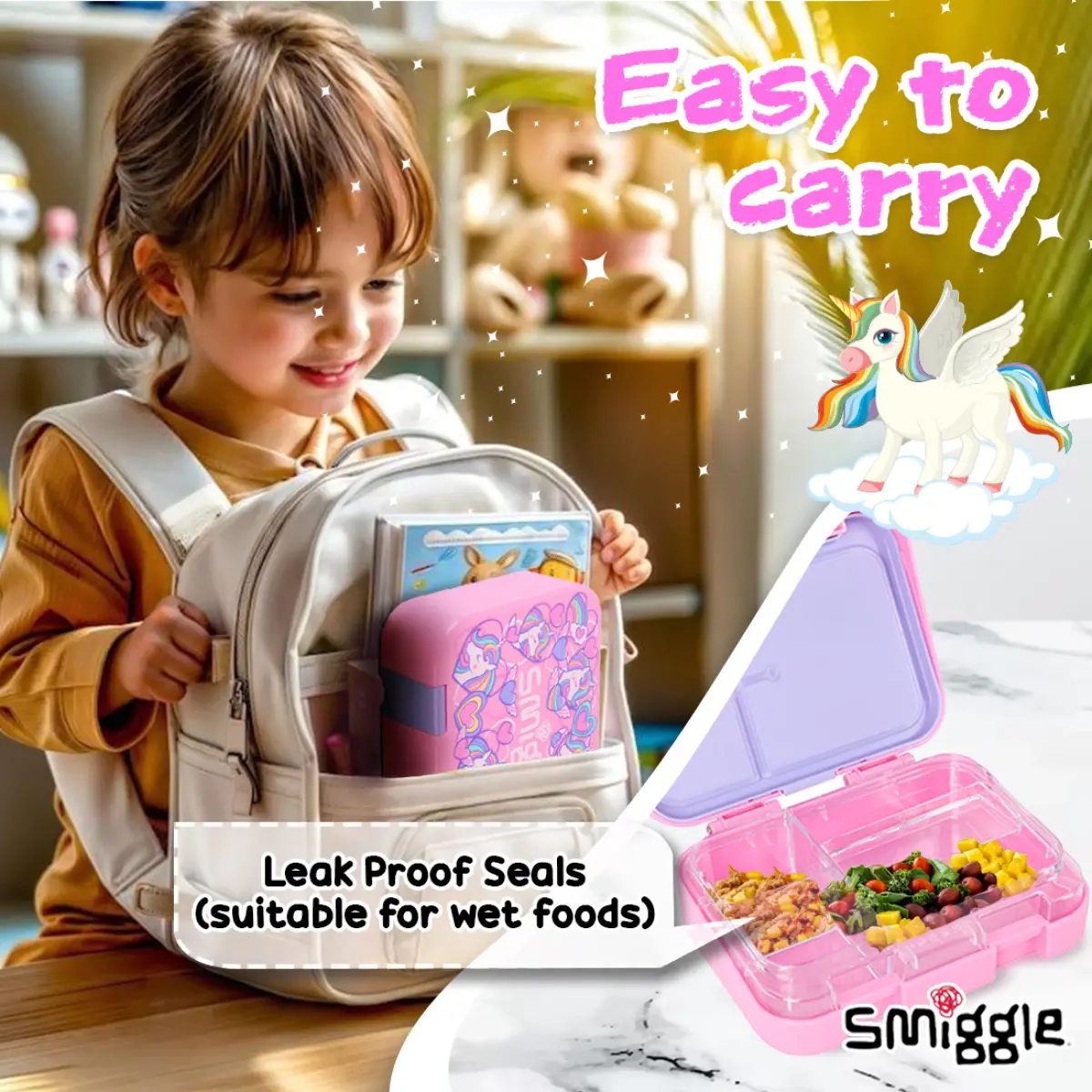 Smiggle Fly Hi Bento Lunch Box for Kids with Removable Inner Tray Compartment Microwave Safe Tiffin Box BPA Free Leak Proof - Pink, 3Y+