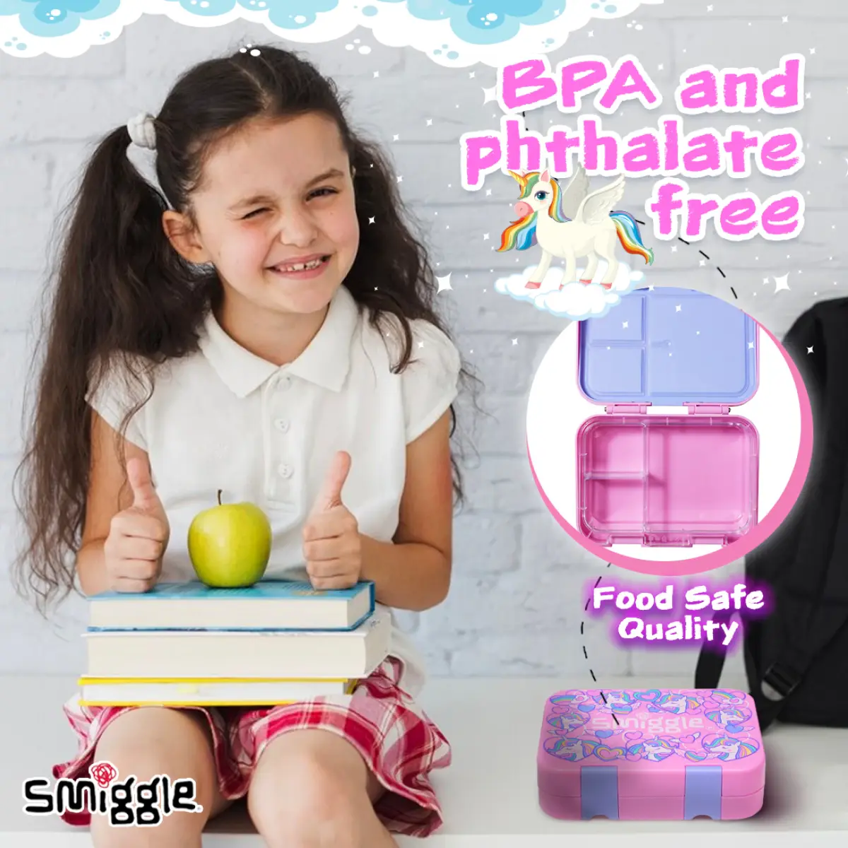 Smiggle Fly Hi Bento Lunch Box for Kids with Removable Inner Tray Compartment Microwave Safe Tiffin Box BPA Free Leak Proof - Pink, 3Y+