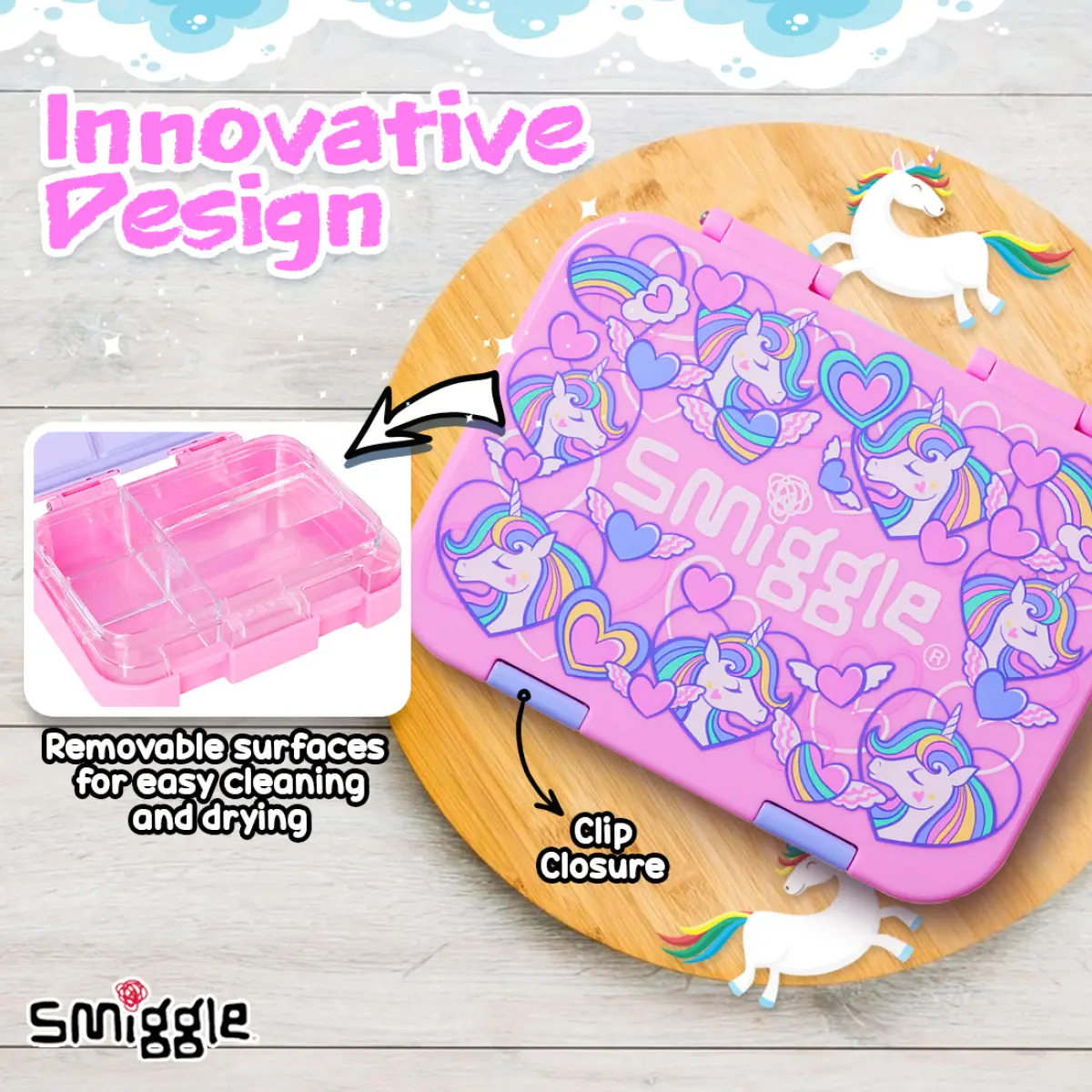 Smiggle Fly Hi Bento Lunch Box for Kids with Removable Inner Tray Compartment Microwave Safe Tiffin Box BPA Free Leak Proof - Pink, 3Y+