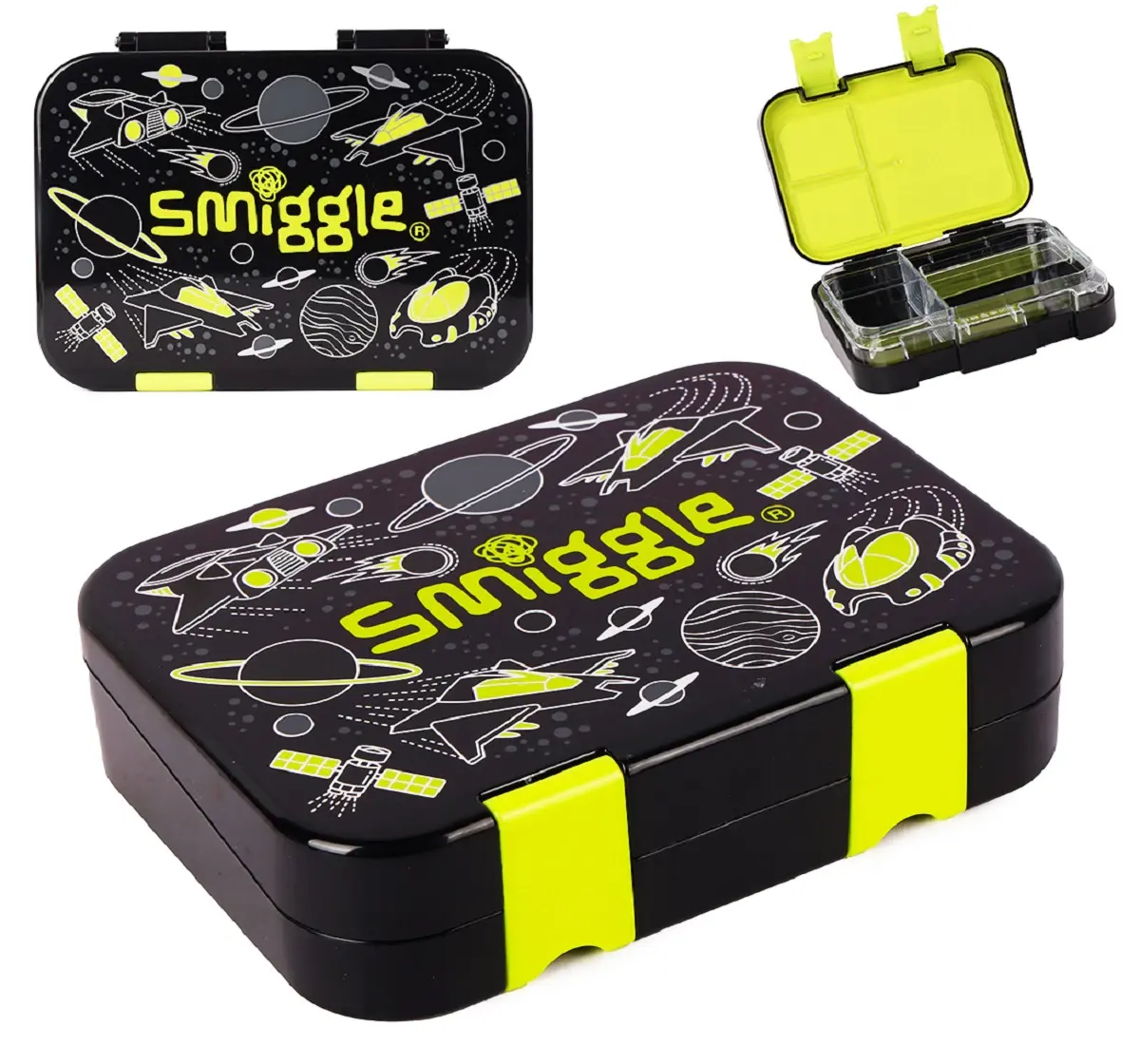 Smiggle Fly Hi Bento Lunch Box for Kids with Removable Inner Tray Compartment Microwave Safe Tiffin Box BPA Free Leak Proof - Black, 3Y+