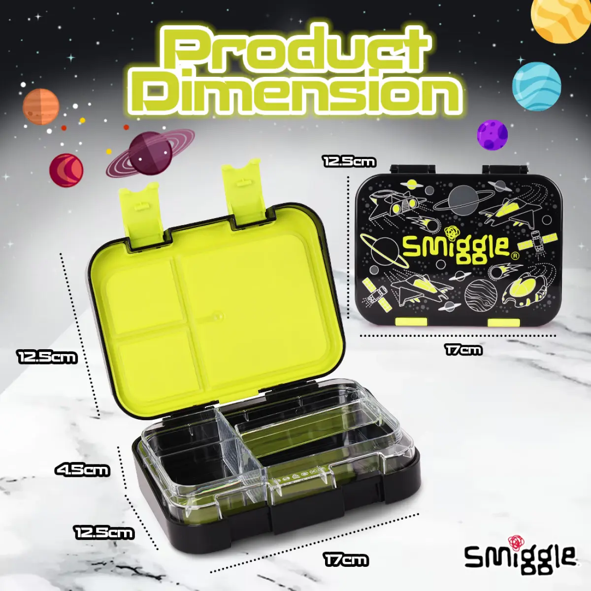 Smiggle Fly Hi Bento Lunch Box for Kids with Removable Inner Tray Compartment Microwave Safe Tiffin Box BPA Free Leak Proof - Black, 3Y+