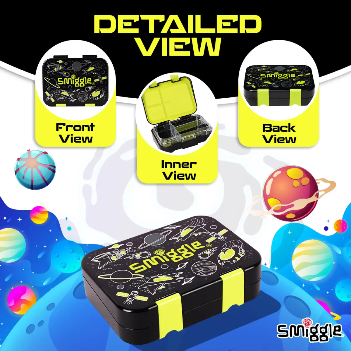 Smiggle Fly Hi Bento Lunch Box for Kids with Removable Inner Tray Compartment Microwave Safe Tiffin Box BPA Free Leak Proof - Black, 3Y+