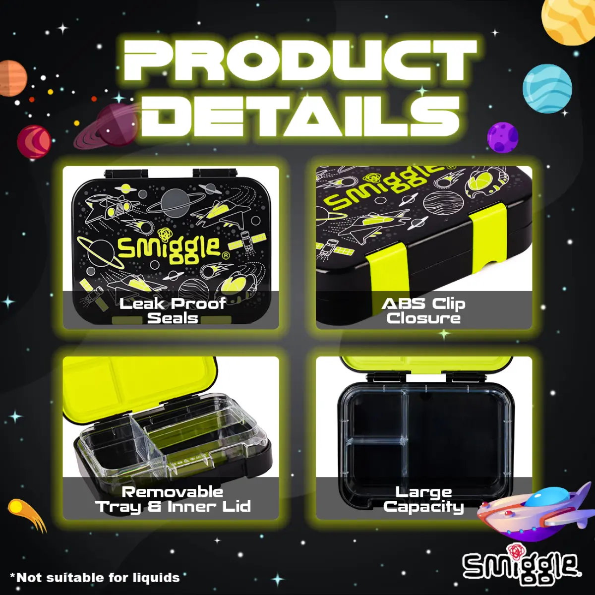 Smiggle Fly Hi Bento Lunch Box for Kids with Removable Inner Tray Compartment Microwave Safe Tiffin Box BPA Free Leak Proof - Black, 3Y+