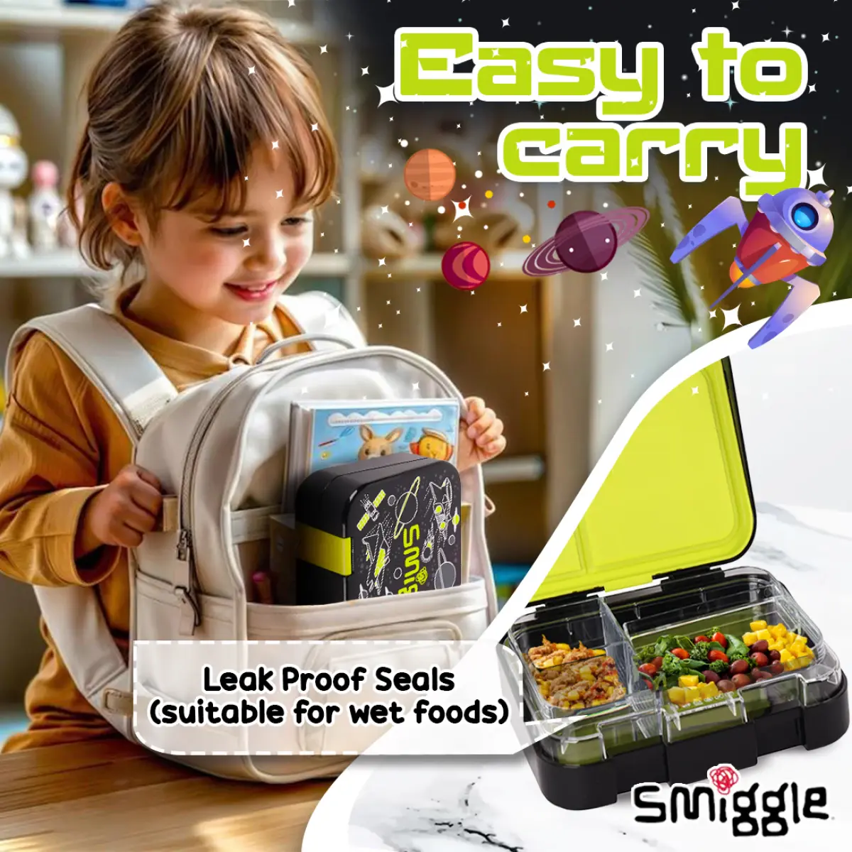 Smiggle Fly Hi Bento Lunch Box for Kids with Removable Inner Tray Compartment Microwave Safe Tiffin Box BPA Free Leak Proof - Black, 3Y+