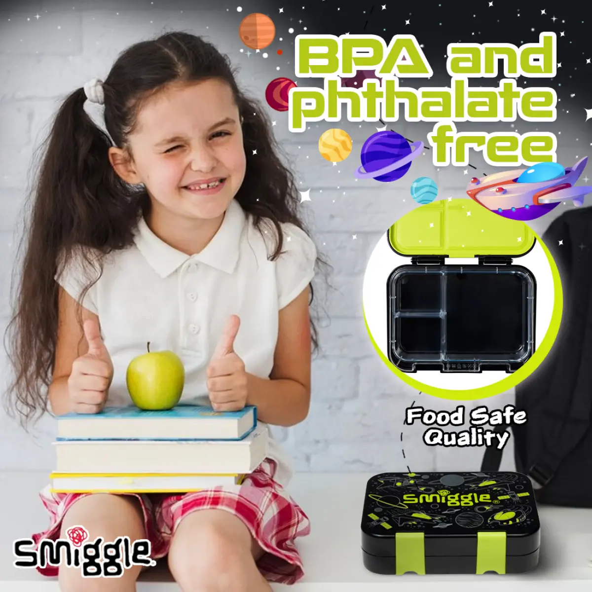 Smiggle Fly Hi Bento Lunch Box for Kids with Removable Inner Tray Compartment Microwave Safe Tiffin Box BPA Free Leak Proof - Black, 3Y+