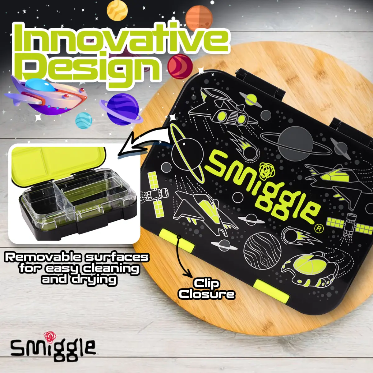 Smiggle Fly Hi Bento Lunch Box for Kids with Removable Inner Tray Compartment Microwave Safe Tiffin Box BPA Free Leak Proof - Black, 3Y+