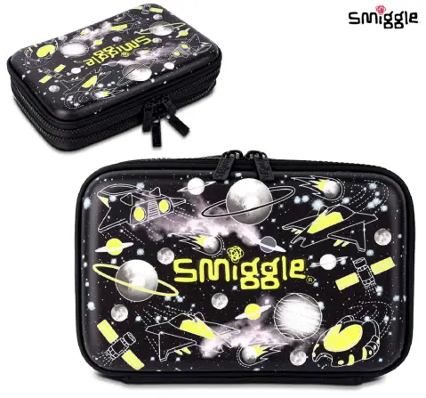 Smiggle Fly High Pencil Case Pouch Bag with Mesh Compartments Hardtop Multipurpose Pouch - Black, 3Y+