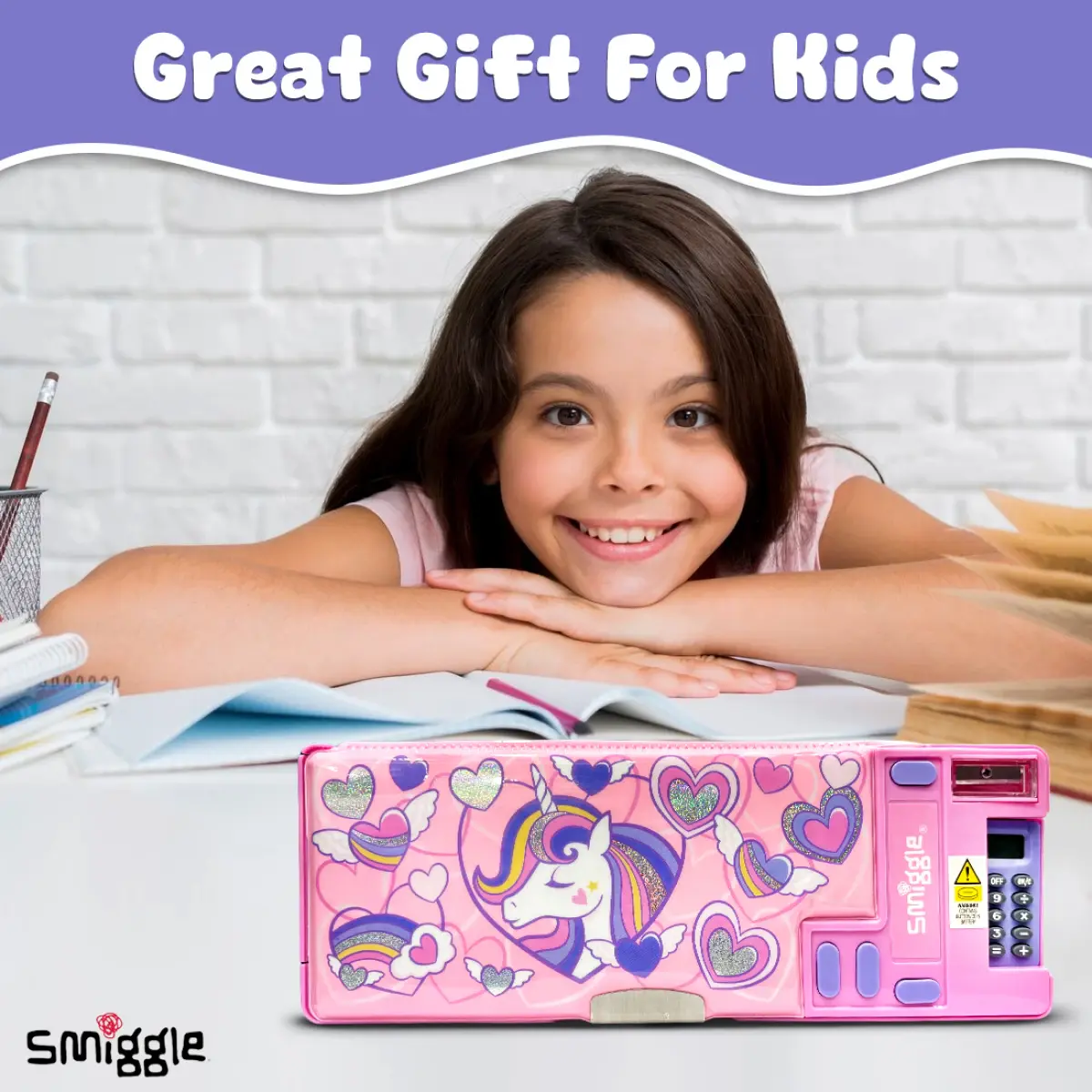 Smiggle Magnetic Pencil Box for Kids with Calculator - Pink, 3Y+