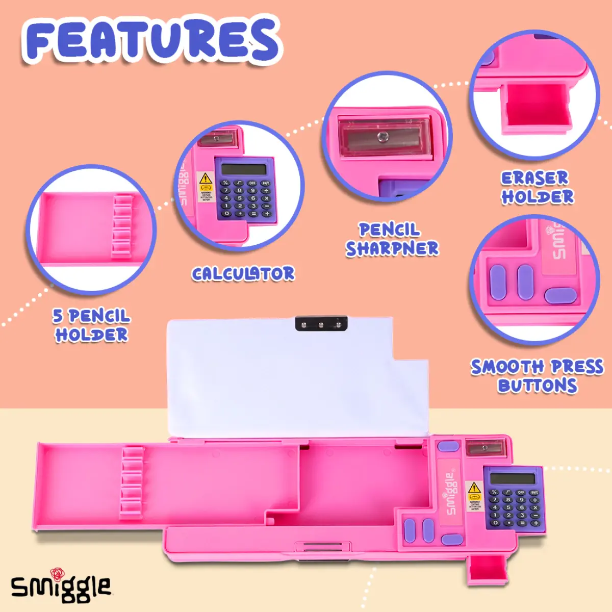 Smiggle Magnetic Pencil Box for Kids with Calculator - Pink, 3Y+