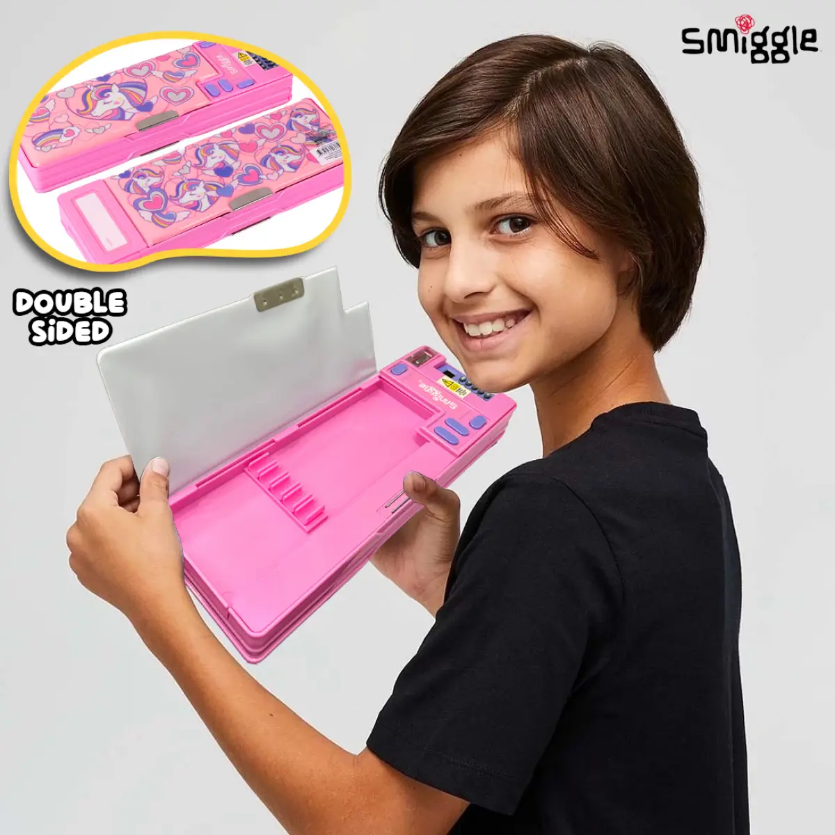 Smiggle Magnetic Pencil Box for Kids with Calculator - Pink, 3Y+