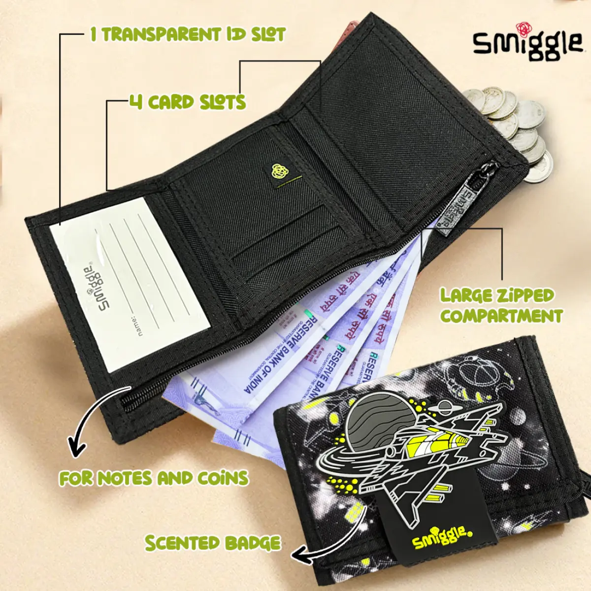 Smiggle Fly Hi Cartoon Kid’s Wallet with Cute Silicone Graphic - Black, 3Y+