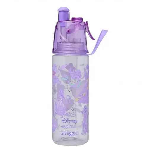 Smiggle Disney Princess Plastic Spritz Drink Bottle 560ml Lilac, 3Y+