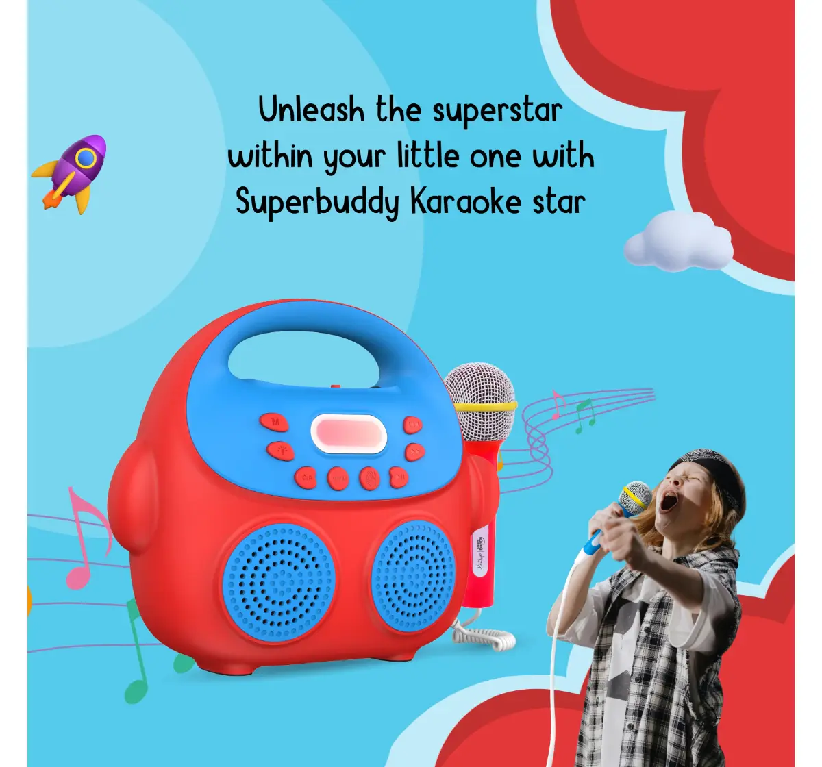 Hamleys SuperBuddy Karaoke Star K1 - Portable Karaoke Music Box with 2 Microphones & Magic Sound modes, Voice Recording, Vocal Suppression (Blue), 3Y+