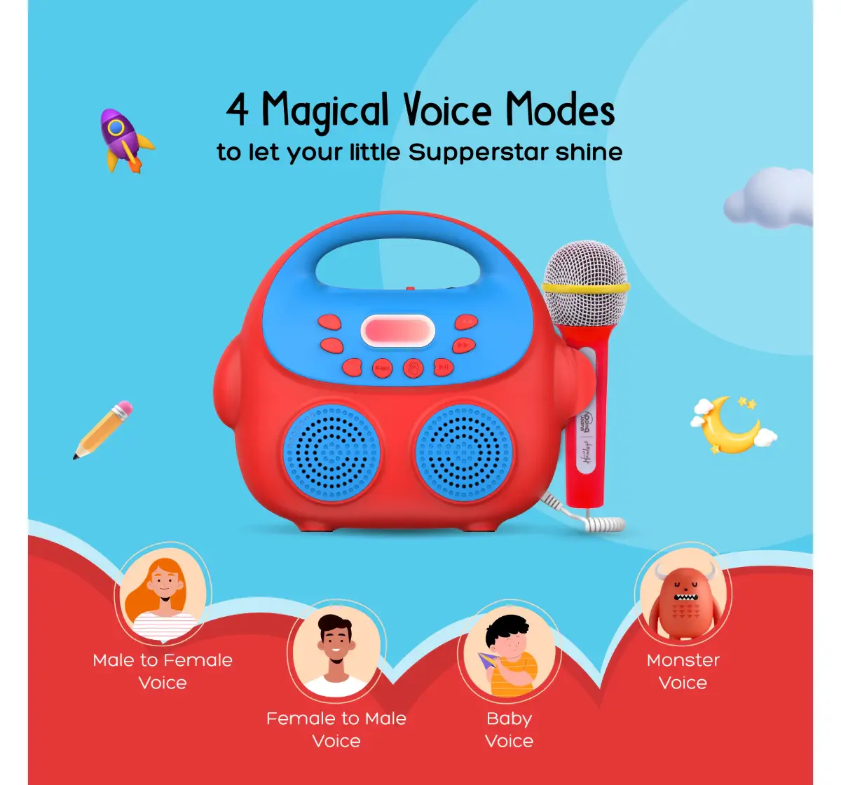 Hamleys SuperBuddy Karaoke Star K1 - Portable Karaoke Music Box with 2 Microphones & Magic Sound modes, Voice Recording, Vocal Suppression (Blue), 3Y+