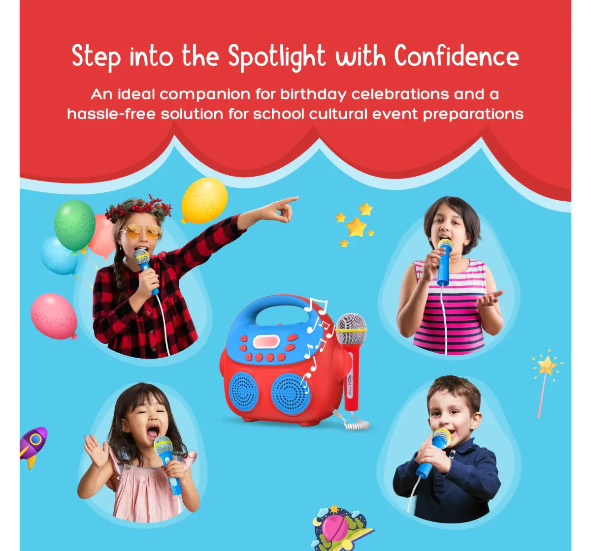 Hamleys SuperBuddy Karaoke Star K1 - Portable Karaoke Music Box with 2 Microphones & Magic Sound modes, Voice Recording, Vocal Suppression (Blue), 3Y+