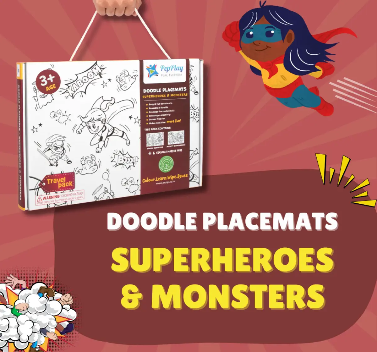 PepPlay Doodle Placemats Superheroes & Monsters For Kids of Age 3Y+, Multicolour
