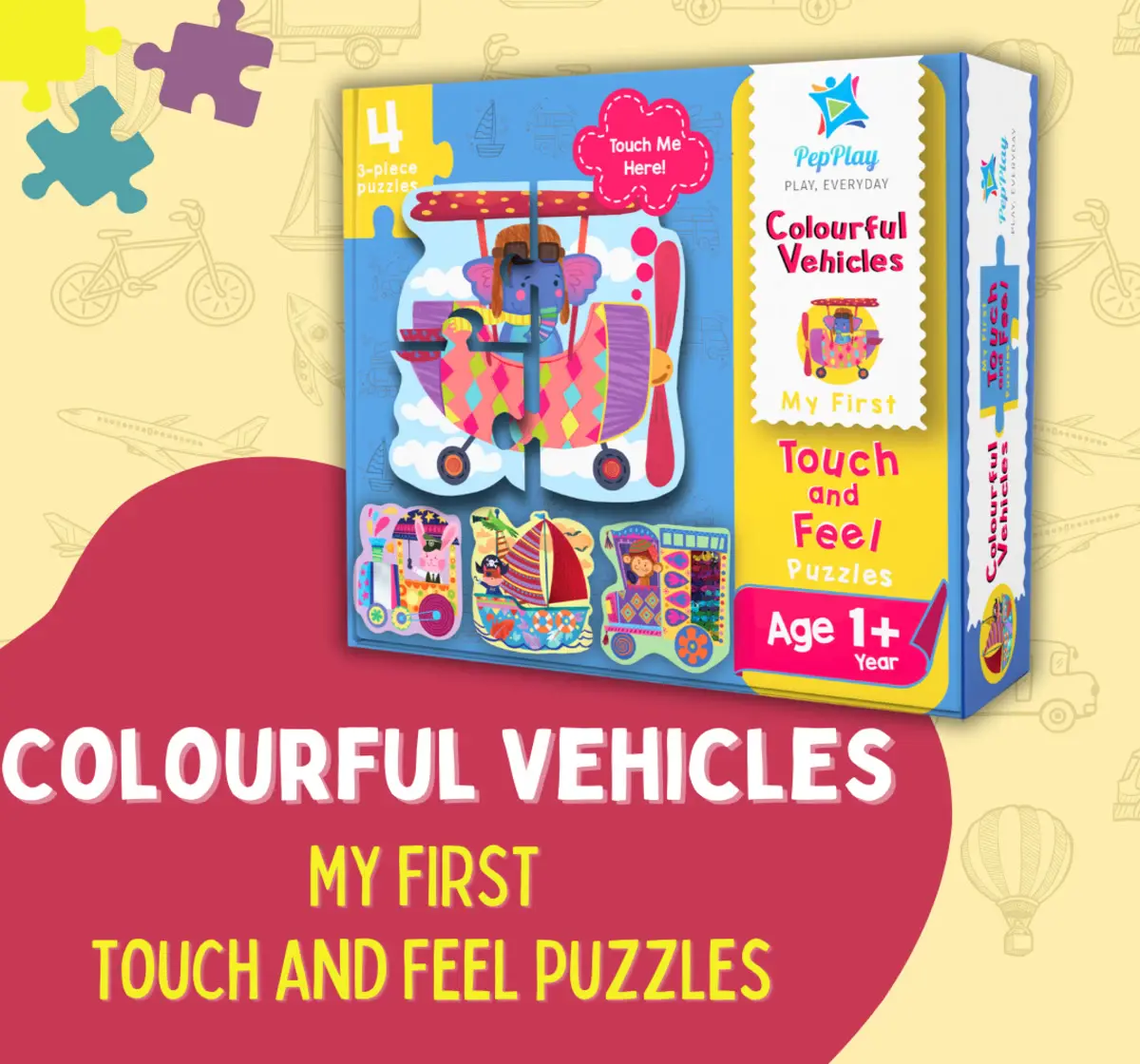 PepPlay My First Touch & Feel Puzzles Colourful Vehicles For Kids of Age 12M+, Multicolour