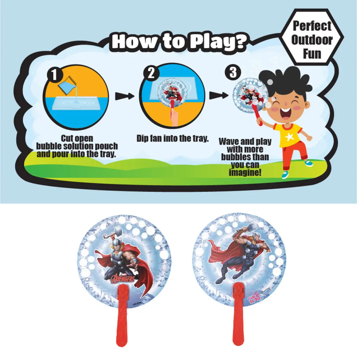 Bubble Magic Fan Bubs Thor Theme Bubble Solution For Kids of Age 3Y+, Multicolour