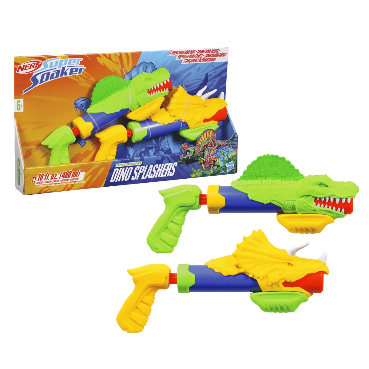 Nerf Super Soaker DinoSquad Dino Splashers, 2 Water Blasters, 2 Dinosaur Designs, Water Toys for 6Y+