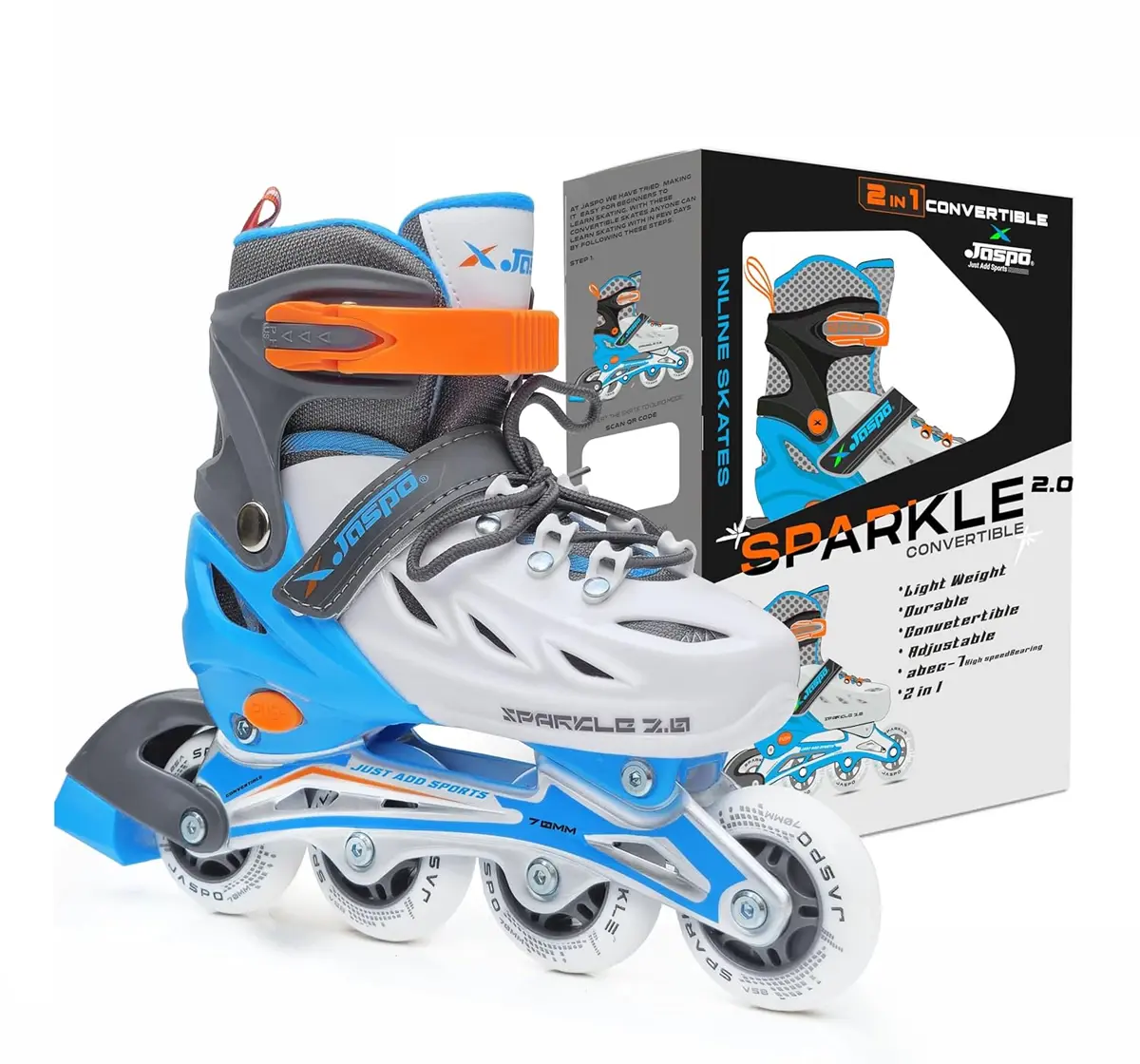 Jaspo Convertible Sparkle Adjustable Inline Shoe Skates, Large, Blue, 8Y+