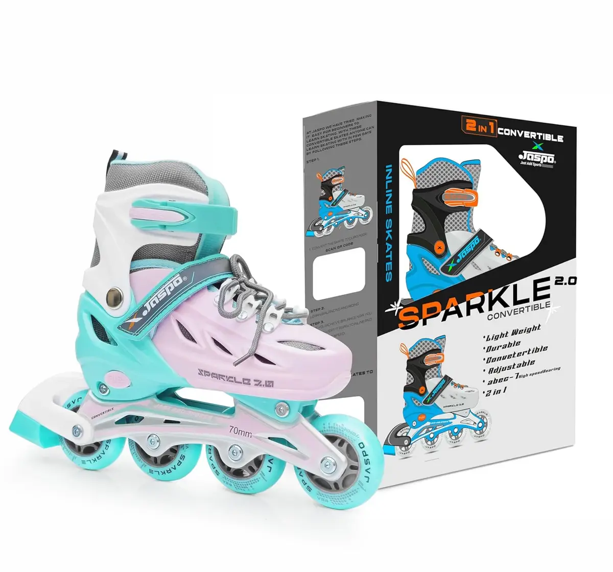 Jaspo Convertible Sparkle Adjustable Inline Shoe Skates, Large, Pink, 8Y+