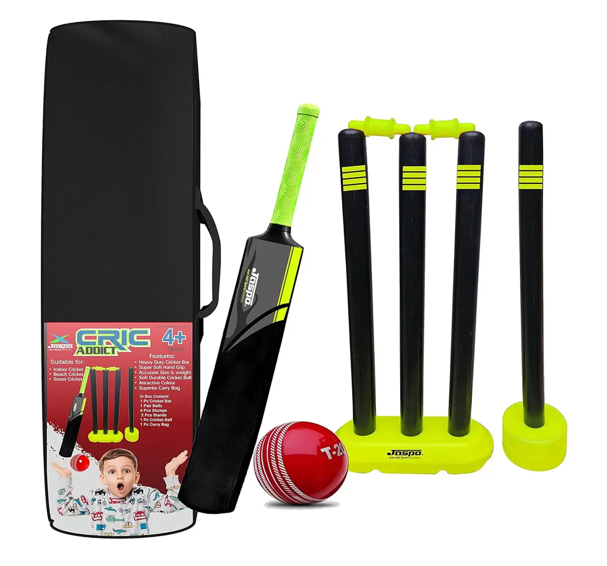 Jaspo Cric Addict Plastic Cricket Kit Combo with Soft Cricket Ball, Size 3, 4 to 10 Years