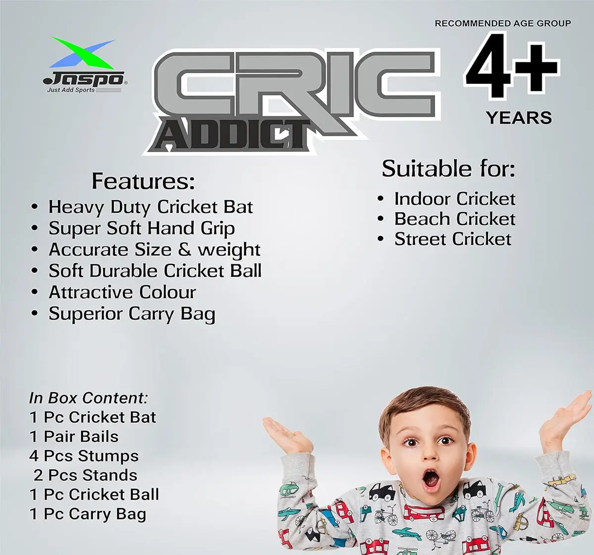 Jaspo Cric Addict Plastic Cricket Kit Combo with Soft Cricket Ball, Size 3, 4 to 10 Years