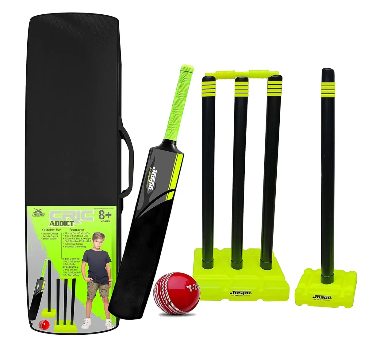 Jaspo Cric Addict Plastic Cricket Kit Combo with Soft Cricket Ball, Size 5, 8 to 14 Years