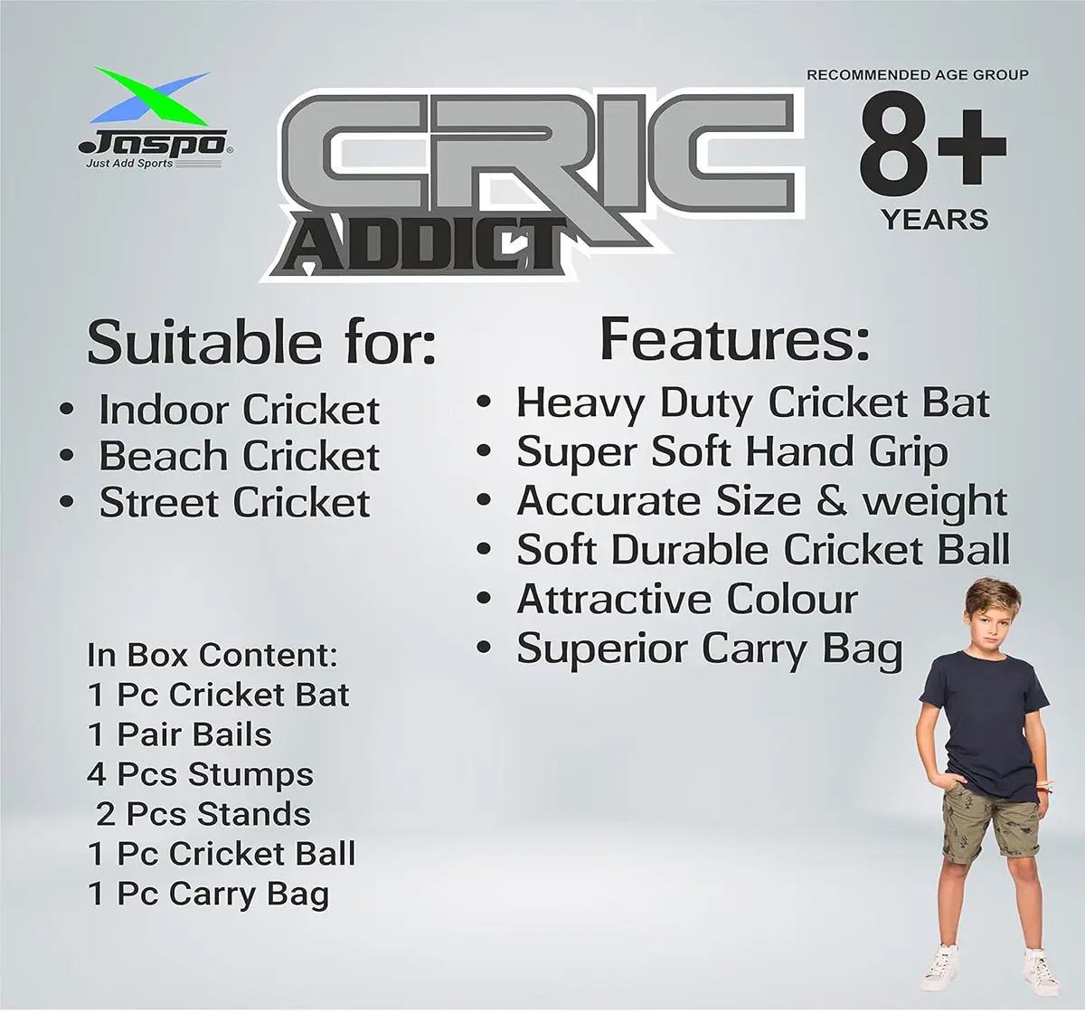 Jaspo Cric Addict Plastic Cricket Kit Combo with Soft Cricket Ball, Size 5, 8 to 14 Years