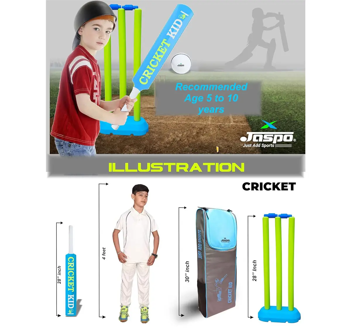 Jaspo Cricket Kid Complete Cricket Set, Size 3, 4 to 10 Years