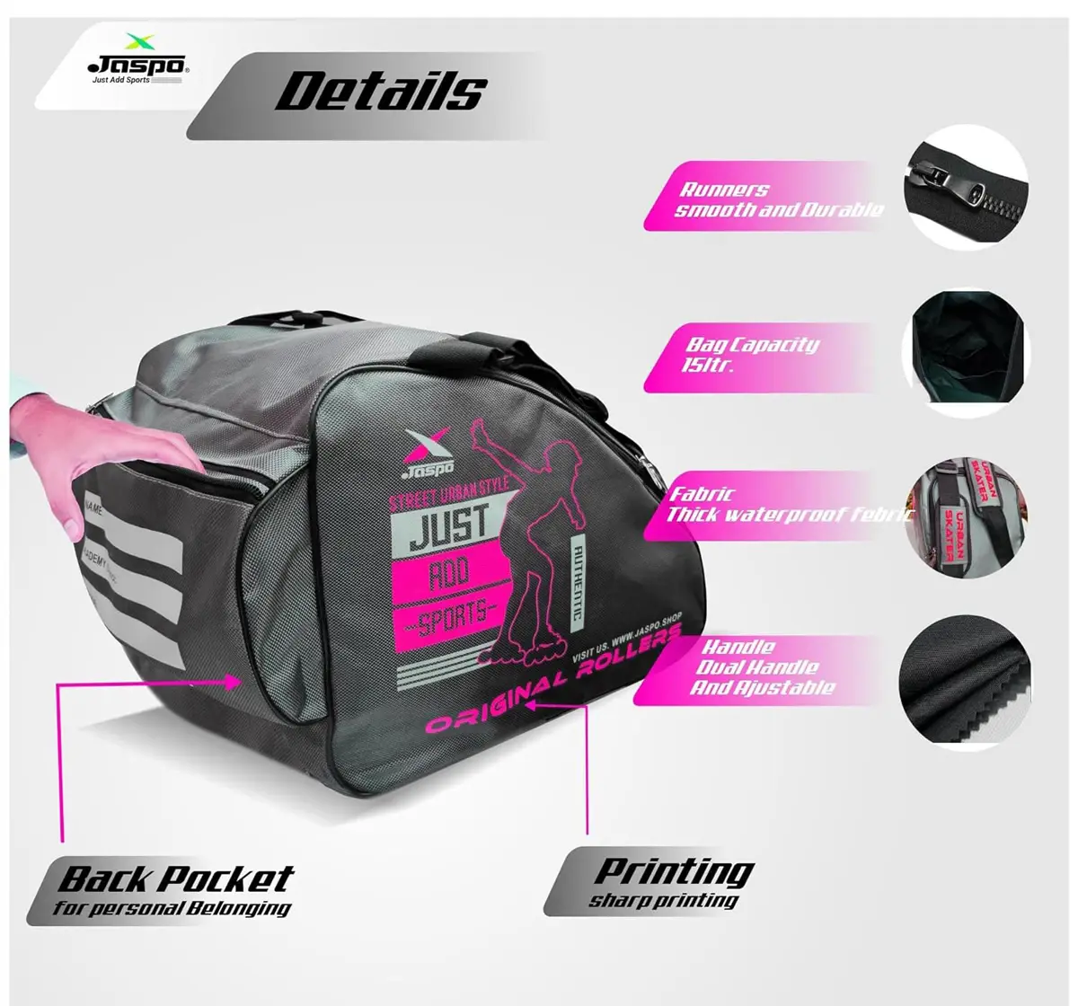 Jaspo Roller Skates Inline Skates Quad Skating Bag, 12X11X9 Inches, Pink & Grey, 5 to 16 Years