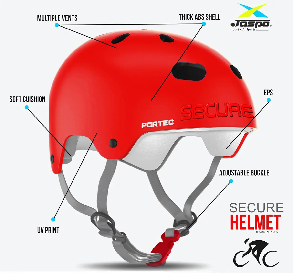 Jaspo Secure Sports Helmet For Cycling, Skating & Skateboarding, Large, Red Matte, 10 to 20 Years