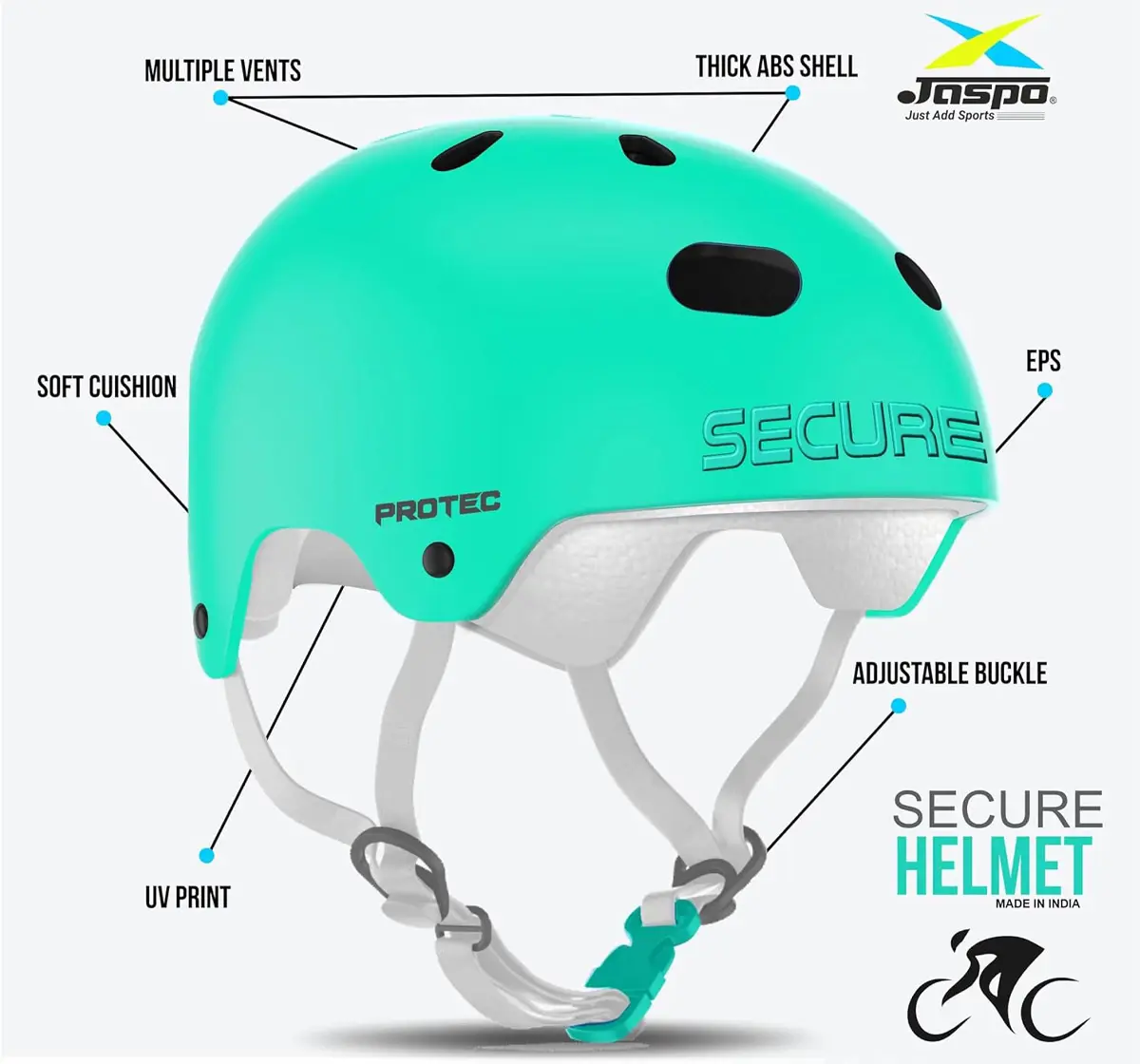 Jaspo Secure Sports Helmet For Cycling, Skating & Skateboarding, Medium, Cyan Matte, 7 to 14 Years