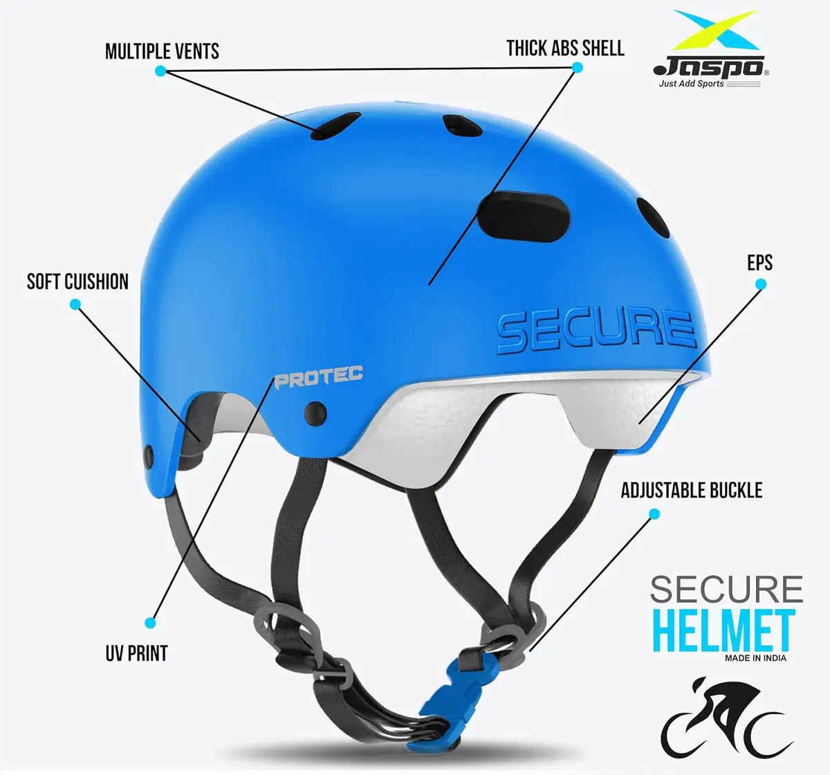Jaspo Secure Sports Helmet For Cycling, Skating & Skateboarding, Medium, Blue Matte, 7 to 14 Years