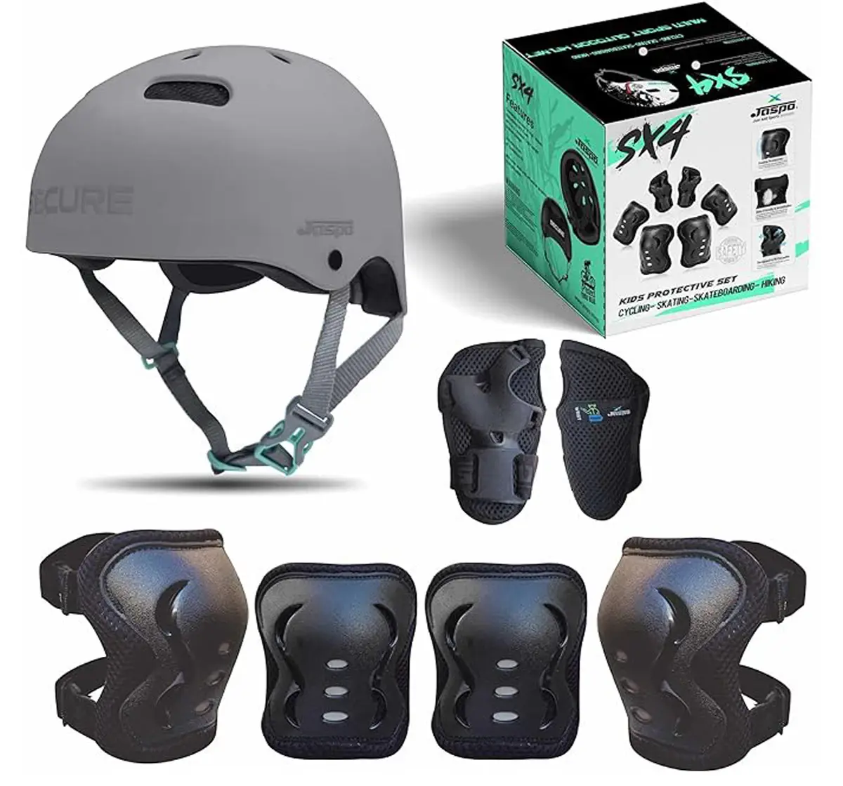 Jaspo S x 4 Ultra Protective Set For Cycling, Skating & Skateboarding, Large, Grey, 10 to 20 Years