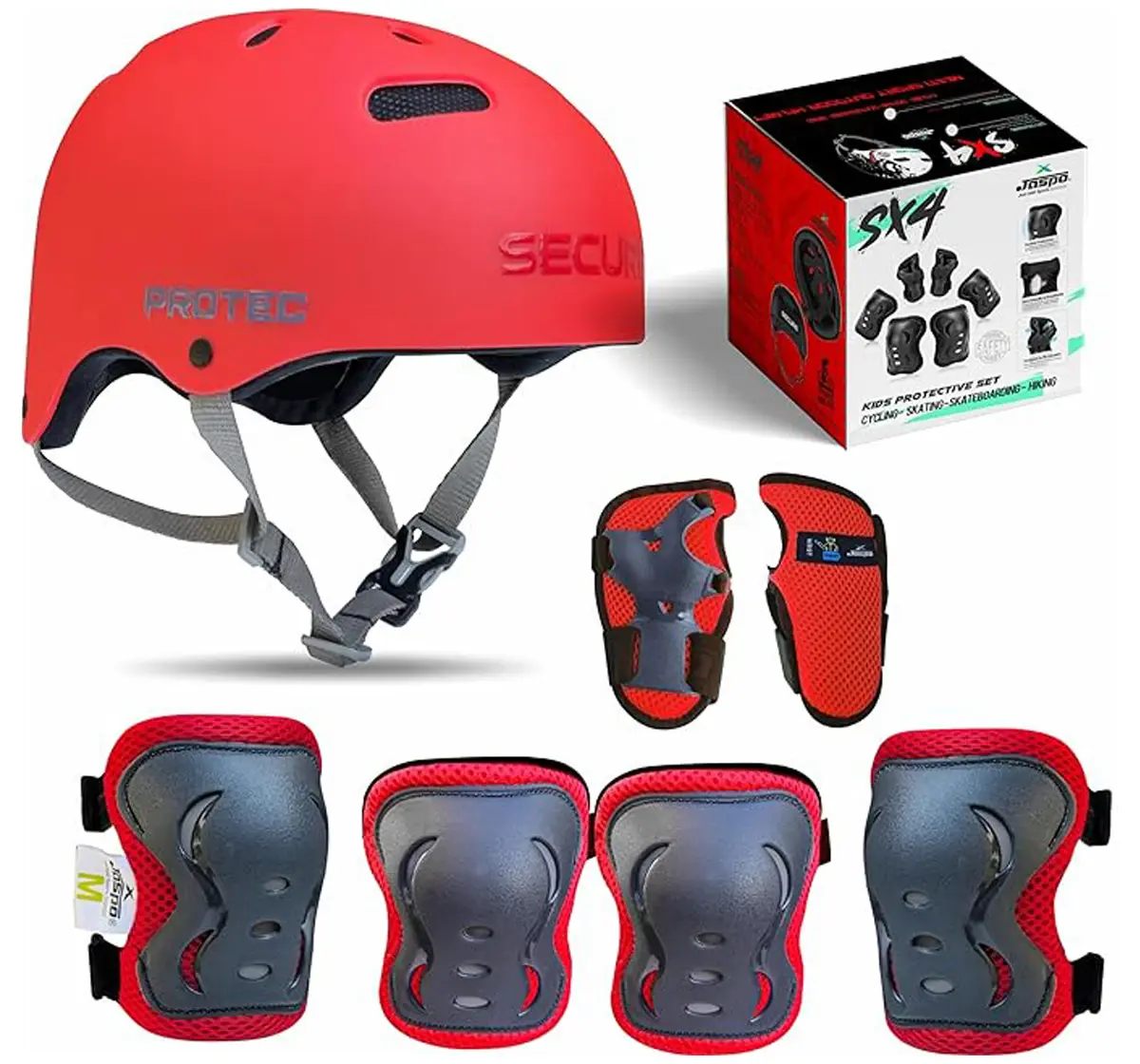 Jaspo S x 4 Ultra Protective Set For Cycling, Skating & Skateboarding, Medium, Red, 7 to 14 Years