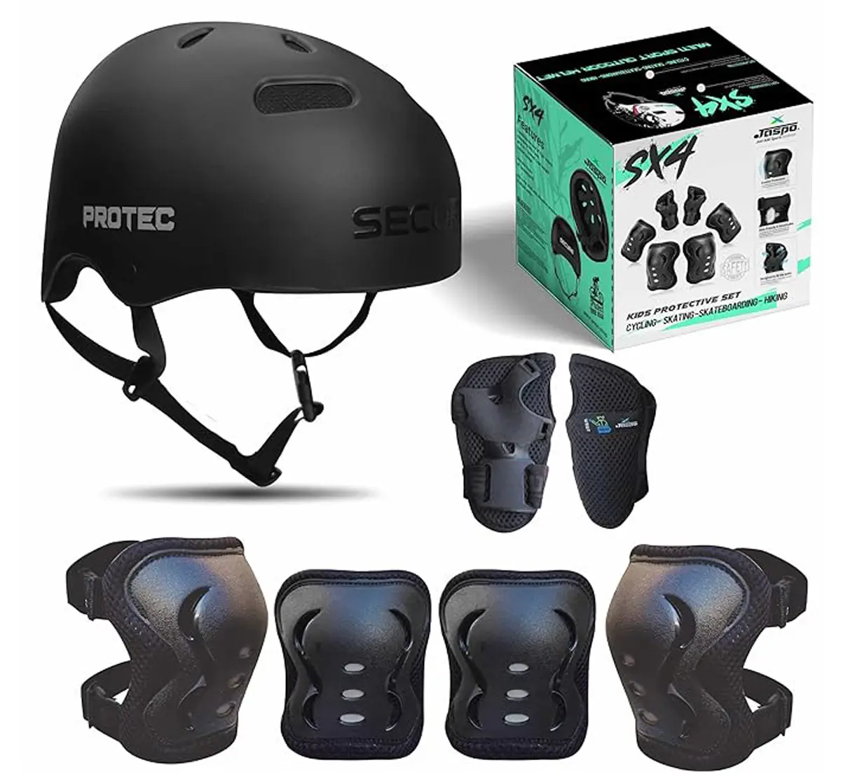 Jaspo S x 4 Ultra Protective Set For Cycling, Skating & Skateboarding, Medium, Black, 7 to 14 Years
