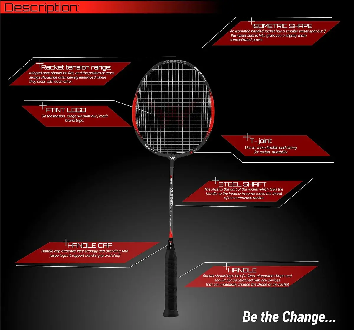 Jaspo Woke Xls960 Badminton Racket Isometric Aluminum Head Shape High Tempered Shaft With String Tension 20Lbs to 24Lbs, 8Y+