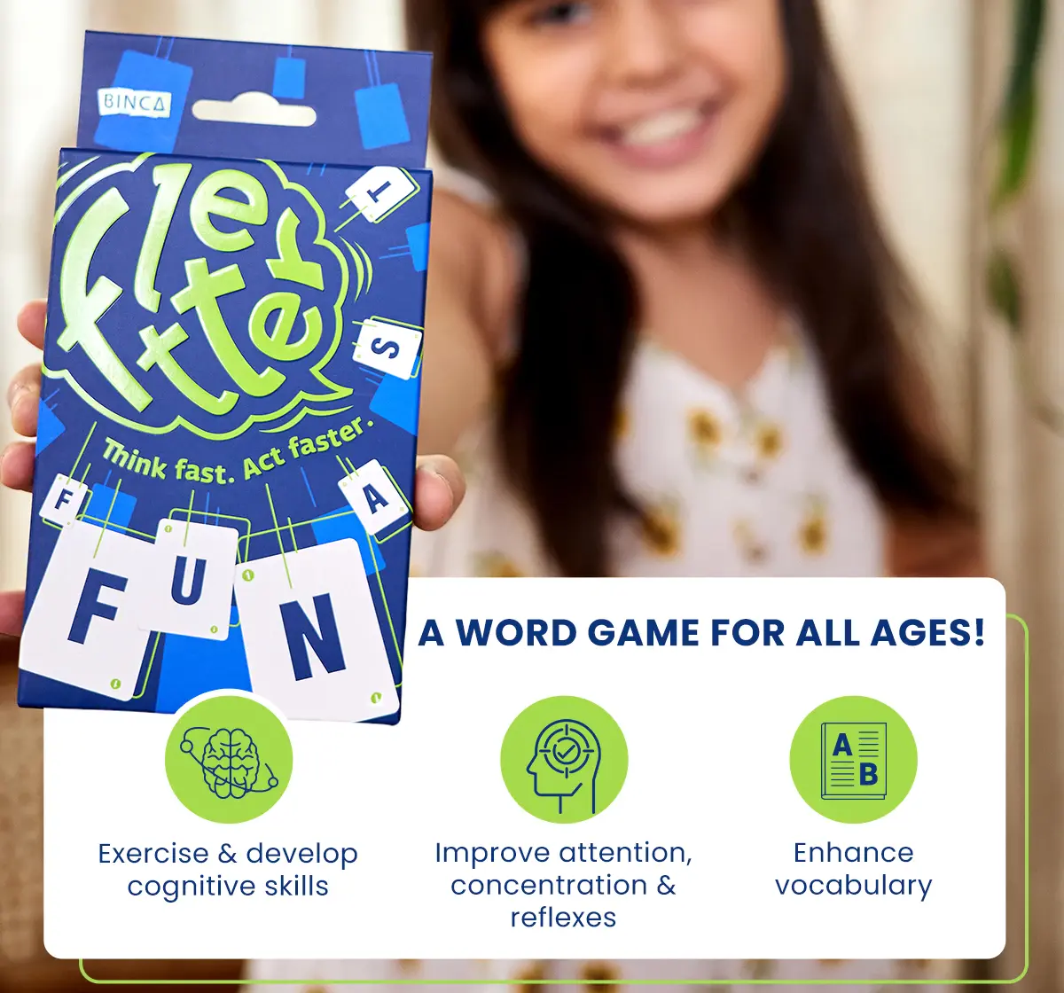 Binca Fletter Word Game, Fast & Fun Family Vocabulary Game for Kids, 8Y+, 2-4 Players