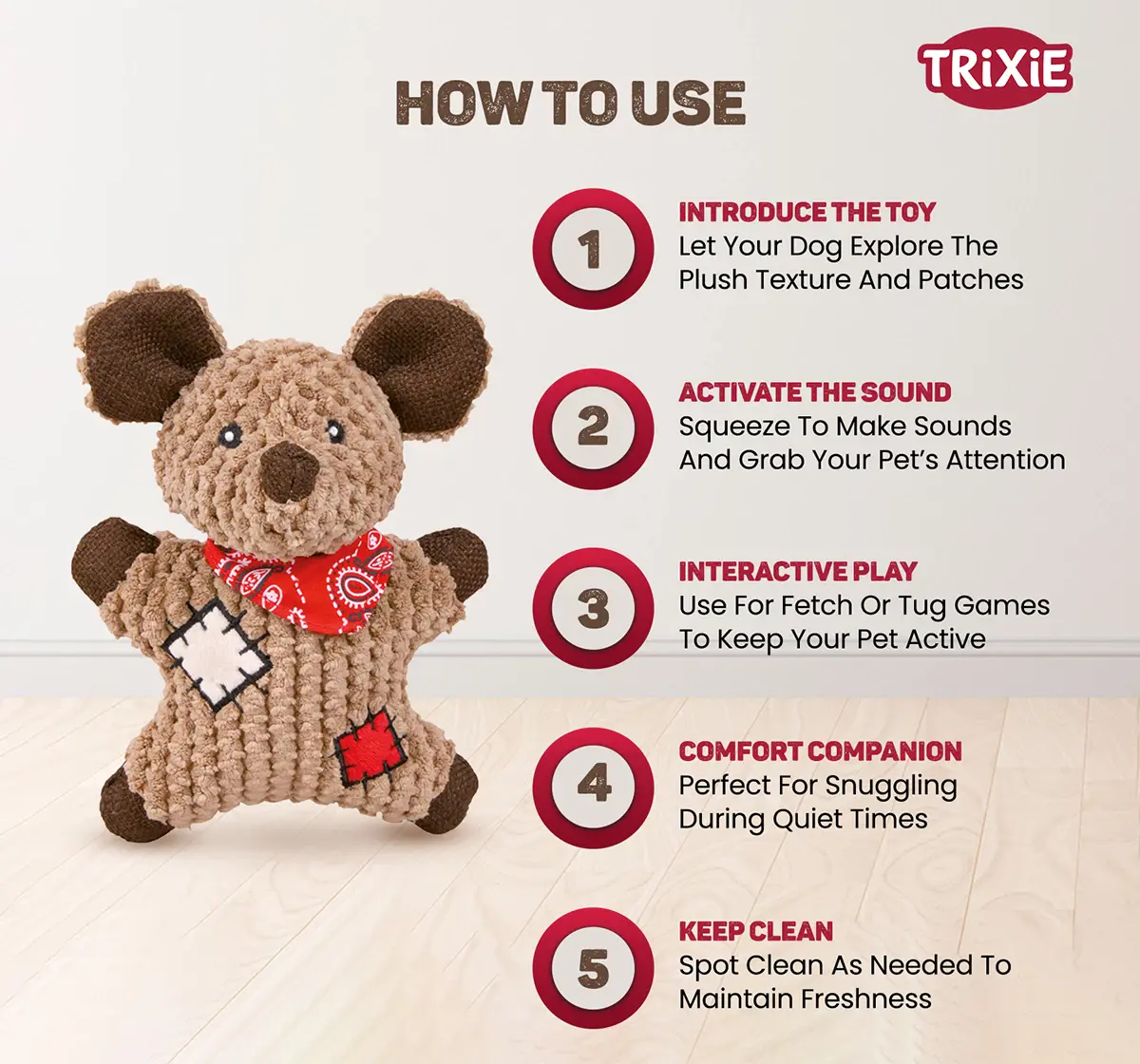 Trixie Mouse With Patches, Plush Toy with Sound for Pets, Fabric/Jute, 19 cm