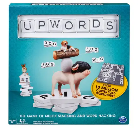 Upwords, Word Game with Stackable Letter Tiles and Rotating Board Game, New 2023 Version, 8Y+