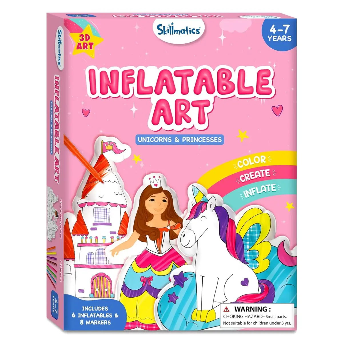 Skillmatics Inflatable Art For Kids - 3D Unicorns & Princesses, 4Y+